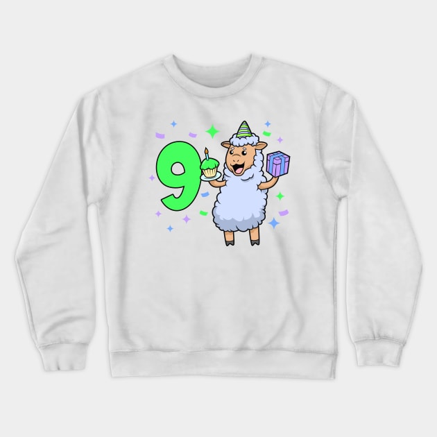 I am 9 with sheep - girl birthday 9 years old Crewneck Sweatshirt by Modern Medieval Design